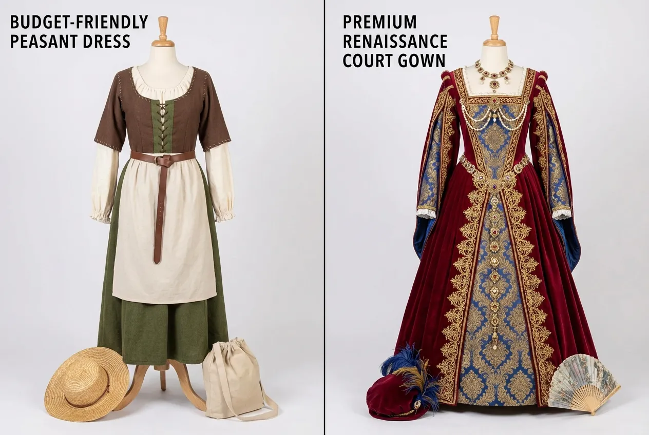 Side-by-side comparison of budget and premium Renaissance faire costumes showing quality differences