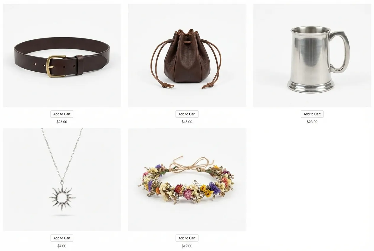 Renaissance faire starter kit essentials including dress, belt, boots, pouch, and cloak