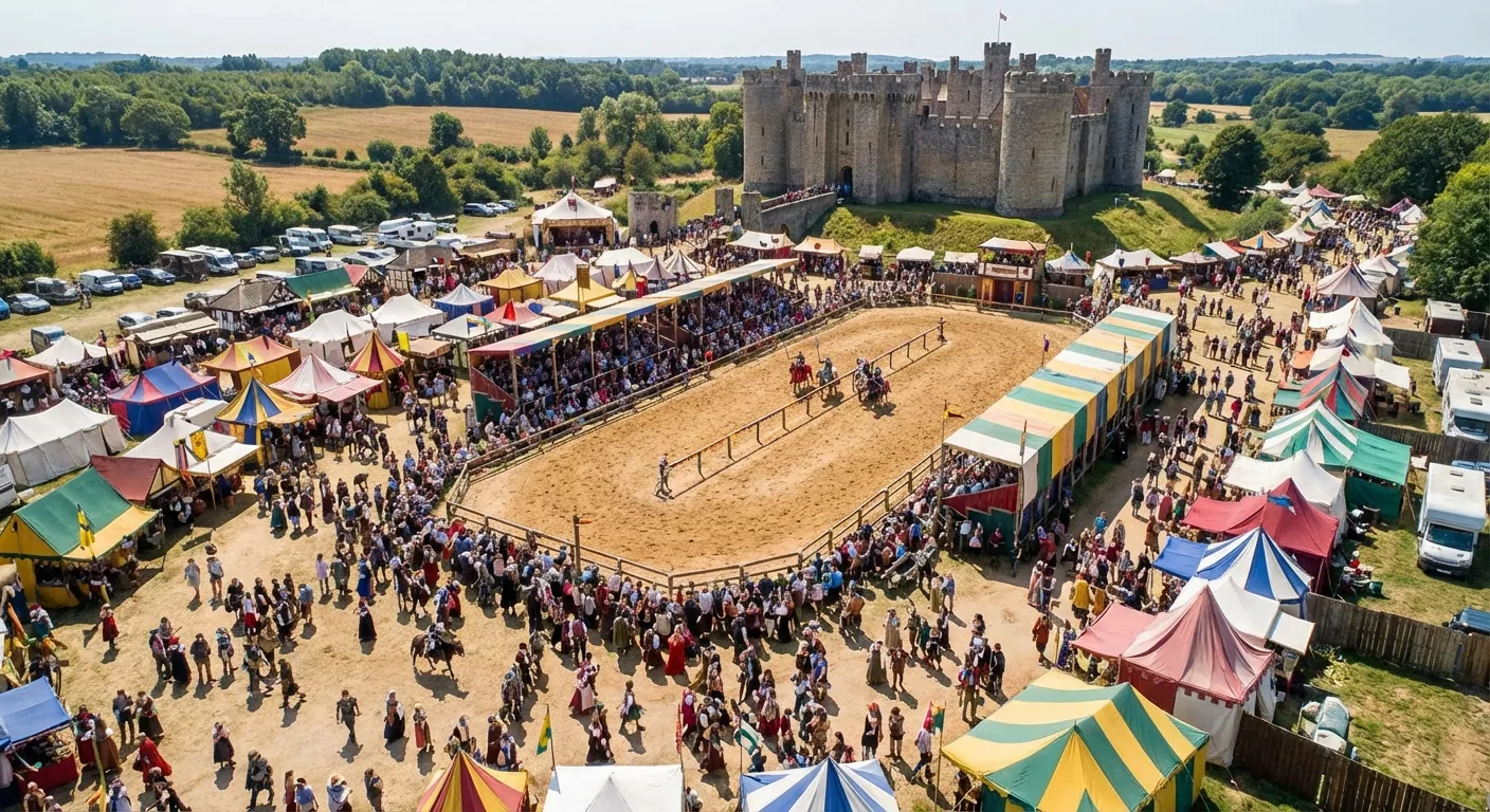 Aerial view of a Renaissance faire grounds with jousting arena and merchant stalls