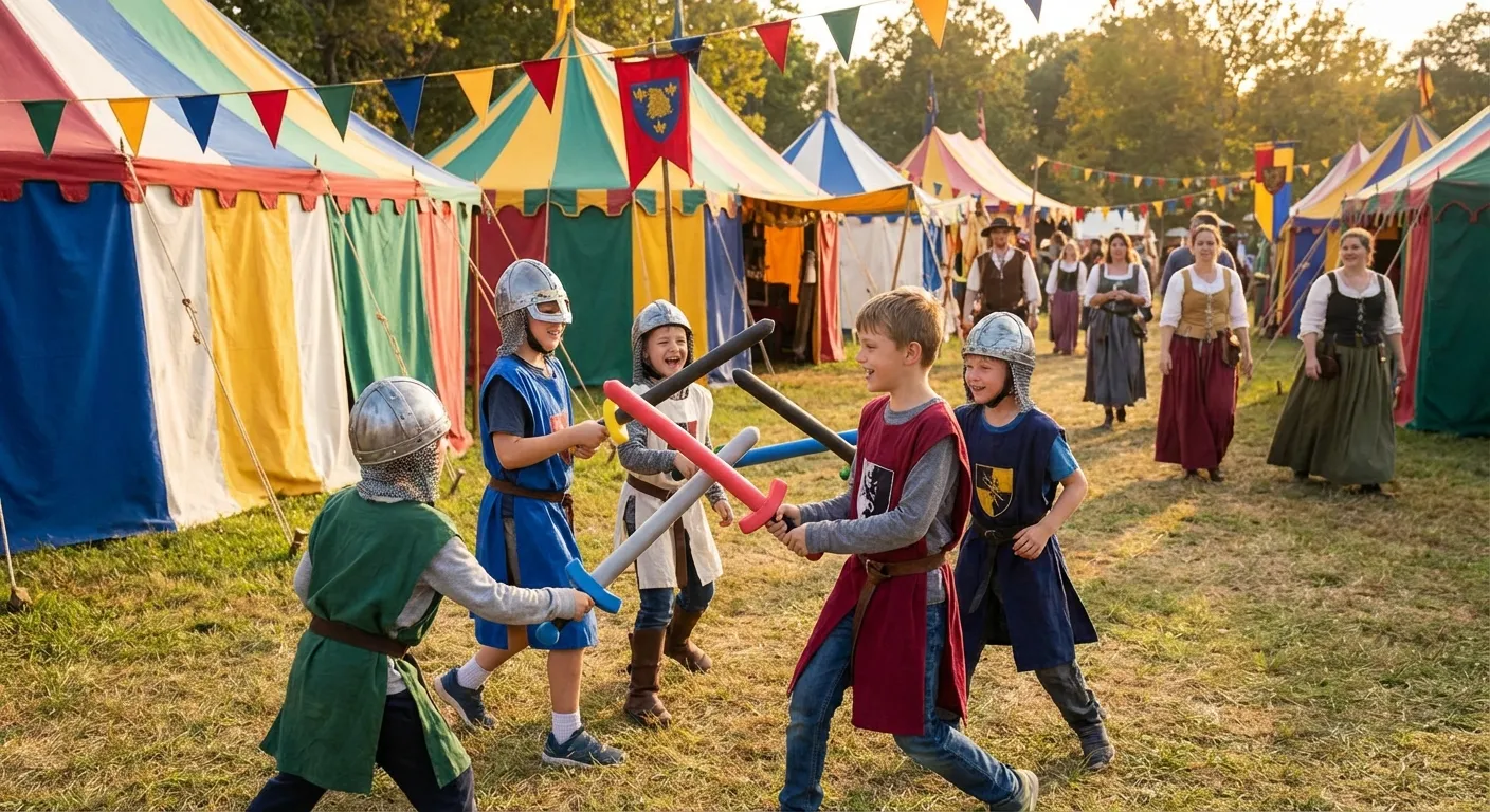 Kids in knight costumes play-fighting with foam swords at a faire