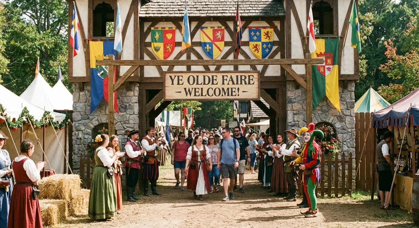 A Renaissance faire entrance gate with banners and welcoming crowds