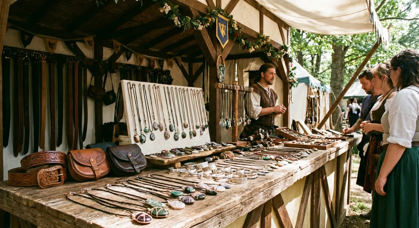 A merchant stall selling handcrafted jewelry and leather goods at a faire