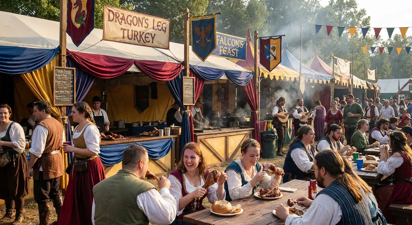 Colorful food stalls at a Renaissance faire with visitors eating and laughing