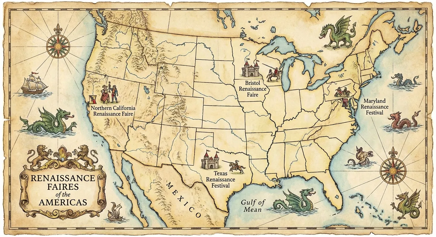 A map-style illustration showing Renaissance faire locations across America