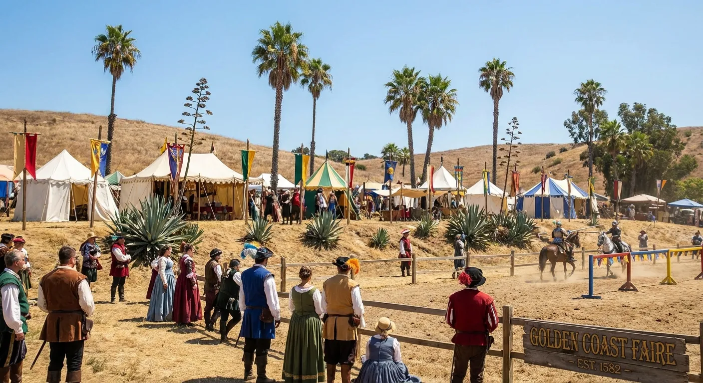 A Renaissance faire in a California setting with palm trees, sunshine, and medieval tents