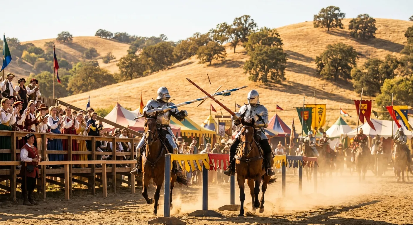 Jousting knights at a sunny California Renaissance faire with golden hills