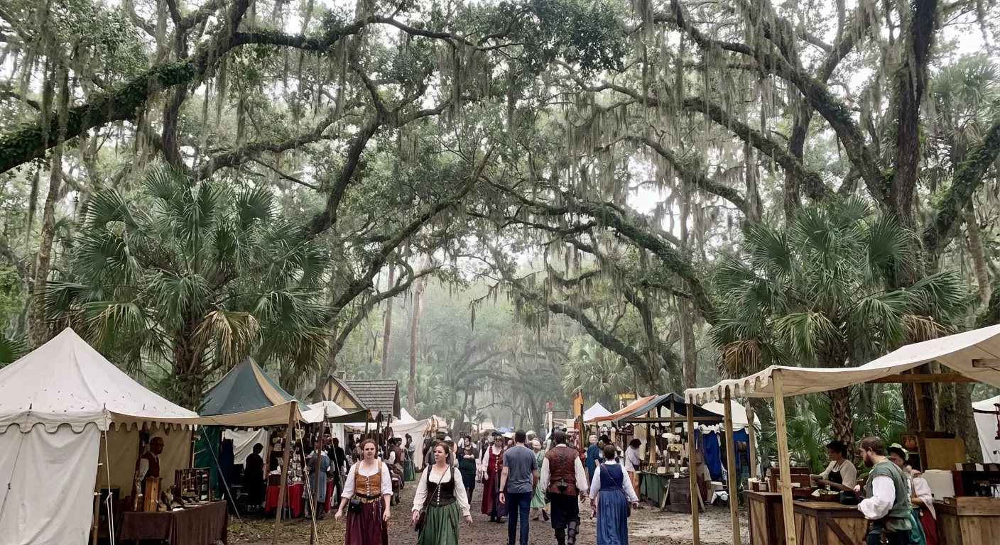 A Renaissance faire in a lush Florida setting with Spanish moss and oak trees