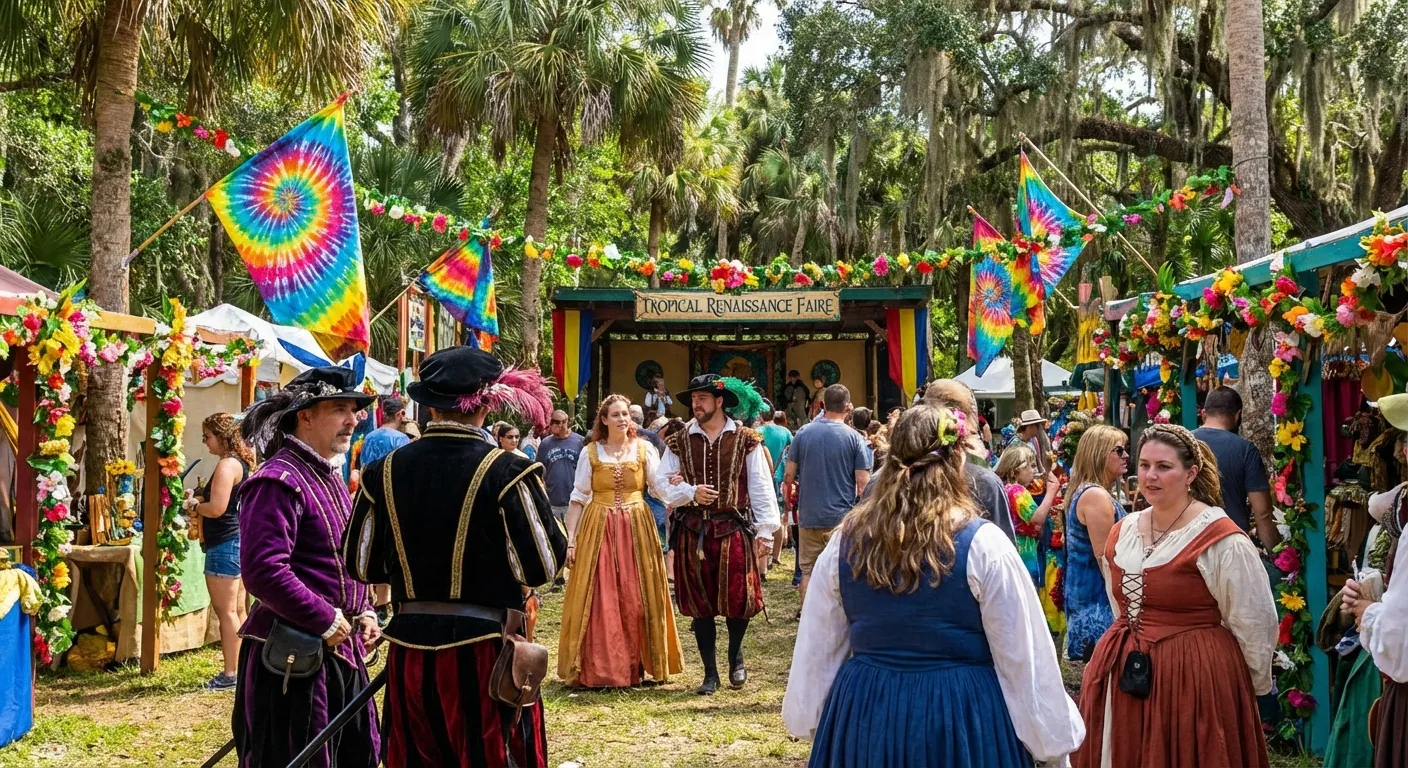Performers in Renaissance attire at a tropical-themed faire with colorful decorations