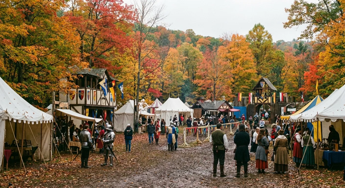 A Renaissance faire in an autumn New York forest with colorful fall foliage