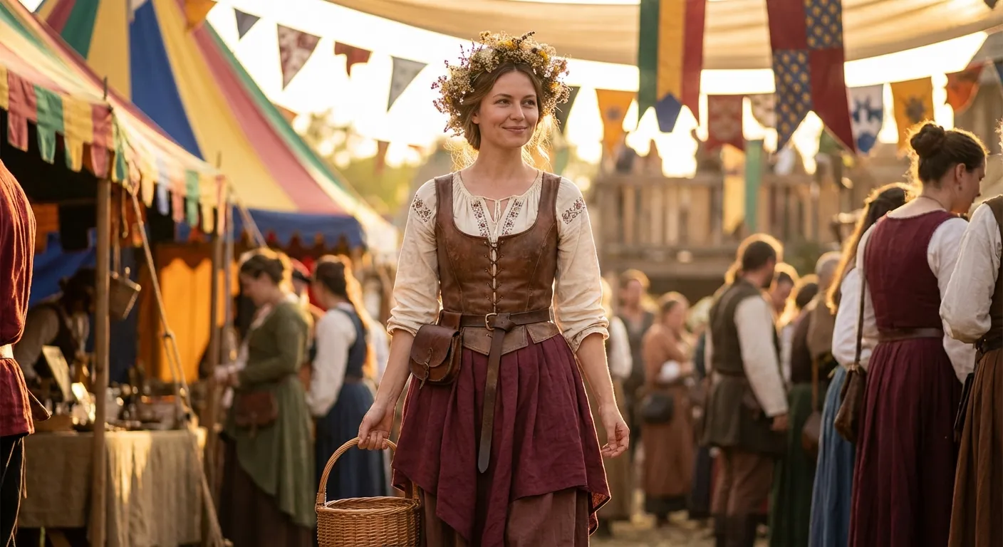 Woman wearing a thrifted Renaissance faire costume at a medieval festival — peasant blouse, corset, flower crown
